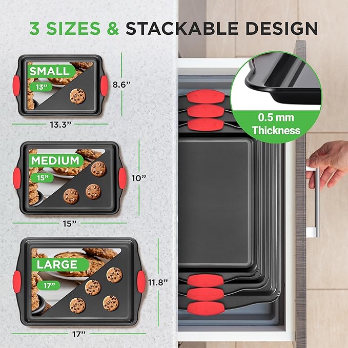 NutriChef 3-Piece Cookie Sheets for Baking, Non-Stick Baking Pans Set with Silicone Handles, Stackable Oven Trays in Small, Medium & Large Sizes for Professional and Everyday Use, 2026 Edition