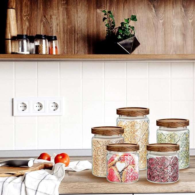 Gerrii 5 Pcs Begonia Pattern Round Vintage Glass Food Storage Containers 17/24/34 oz Glass Jar with Lid Airtight Candy Jar Food Canisters for Kitchen Counter Pantry Coffee Tea Beans