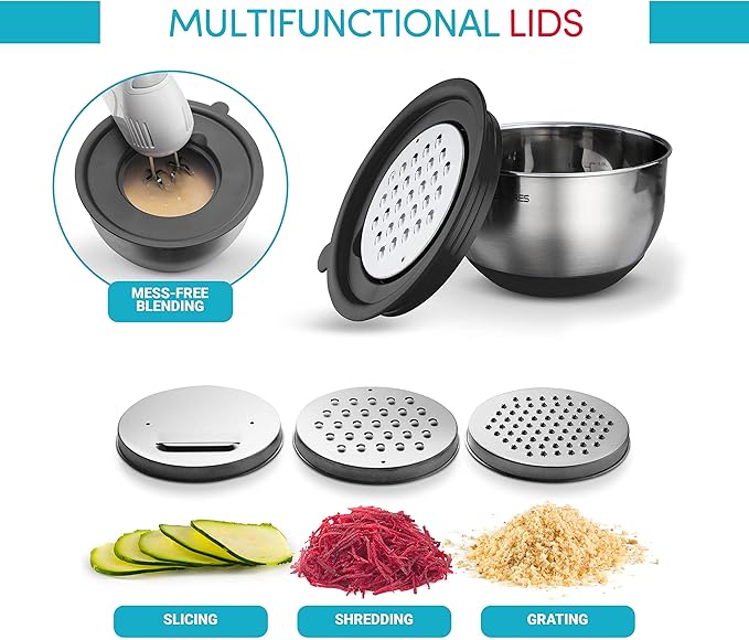 Belwares Mixing Bowls with Airtight Lids - 8PCS Stainless Steel Nesting Mixing Bowls Set Non-Slip with 3 Grater Attachments, Kitchen Bowls, Sizes 5, 4, 3.5, 2, 1.5QT for Baking & Food Prep (Black)