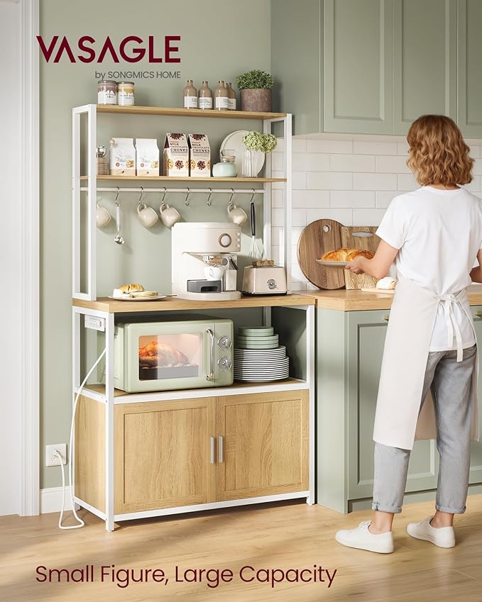 VASAGLE Kitchen Bakers Rack with Power Outlet, Coffee Bar with 35.4-Inch High Worktop, Microwave Stand with 8 Hooks, 15.7 x 31.5 x 66.9 Inches, Golden Oak and Cloud White UKKS059Y01