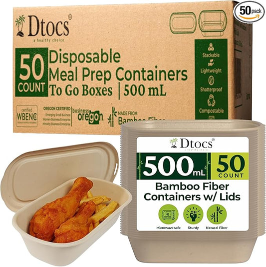 Dtocs Premium Disposable Meal Prep Containers with Lids (Pack of 50), 500 mL (17oz) | Heavy Duty Bamboo Fiber To Go Food Containers – Leak Resistant, Microwave & Freezer Safe