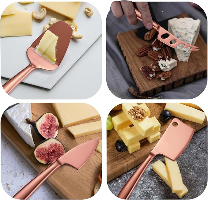 Rose Gold Cheese Knives Silverware 8 Pieces inlude dinning Knife Fork Spoon Stainless Steel Kitchen Gadget Baking Utensils Cooking Tool Multifunctional Durable