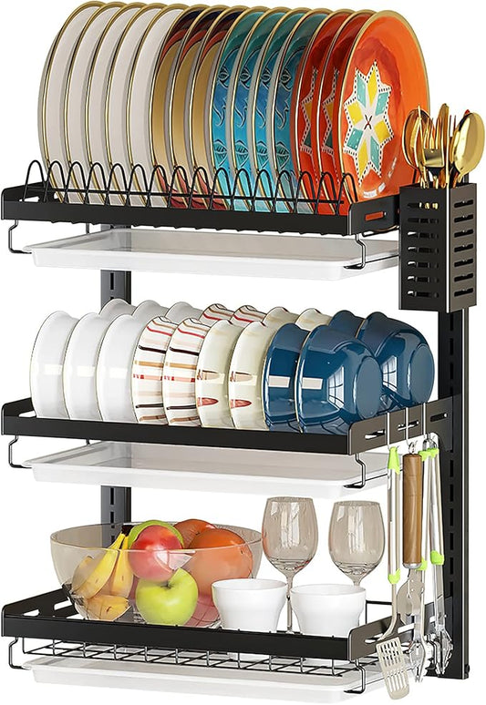 PUSDON Wall Mounted Dish Drying Rack, 3 Tier Stainless Steel Hanging Dish Drainer with Cutlery Holder, Drainboard and Hooks, Fruit Vegetable Kitchen Supplies Plates Bowls Cups Storage Shelf, Black