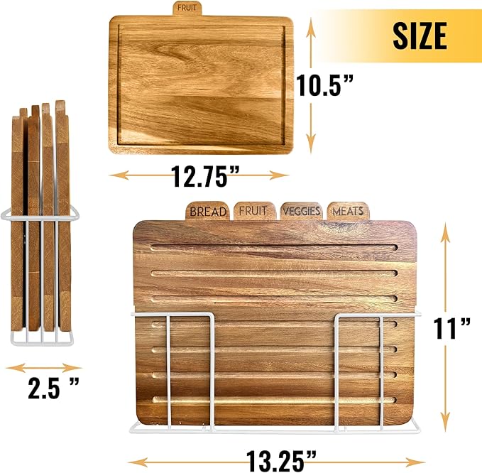 Acacia Cutting Boards for Kitchen with Holder 13" x 11" x 2.5" | Labeled Wood Cutting Board Sets | Large Wooden Cutting Board Set with Black Organized Stand (Acacia White Holder)