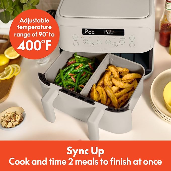 bella 4 Qt TriZone Air Fryer, EverGood™ Ceramic Nonstick Coating, Dual Basket Design w Removable Divider, Digital Touchscreen Control w 6 Preset Cooking Options, 1200 Watt, 3lb Capacity, Oatmilk