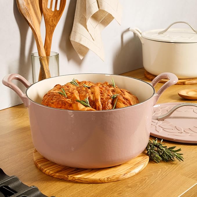 Bloomhouse 7 Qt Cast Iron Dutch Oven W/Embossed Lid, European Enamel, & Walnut Wood Trivet - Orchid Pink