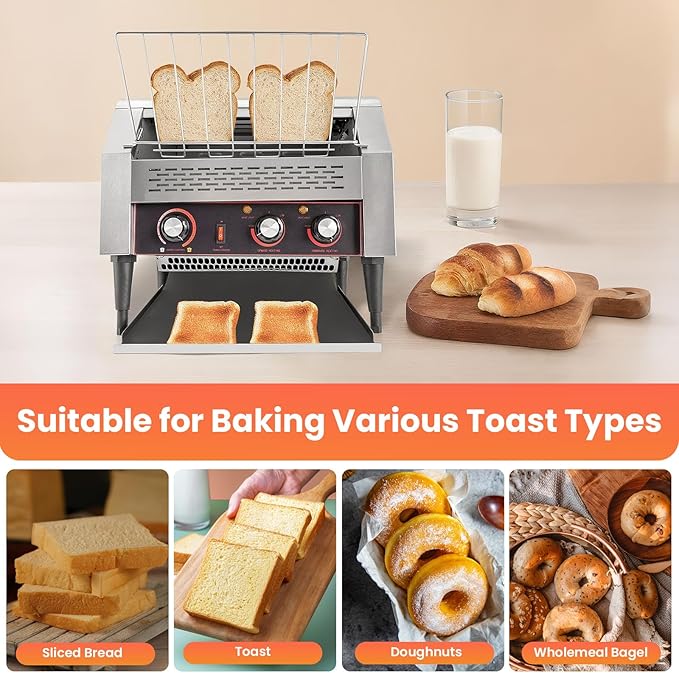 150/450 Slices/Hour Commercial Conveyor Toaster, Stainless Steel Heavy Duty Industrial Bread Baking Machine w/ 3 Ring Heating Tubes for Baking Sliced Bread, Toast (2600W(TT-450L))