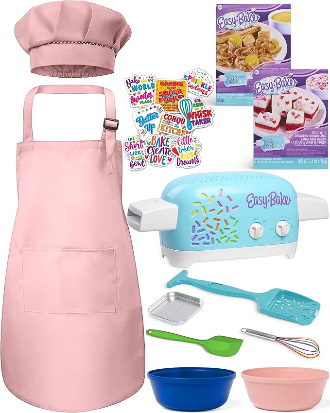 Ultimate Easy Baking Oven Bundle For Kids With 20 Items - Oven, 2 Refill Mixes, Apron, Hat, 2 Bowls, Spatula, Whisk, 9 Stickers, Baking Pan & Tool (Passionate Pink Bundle)