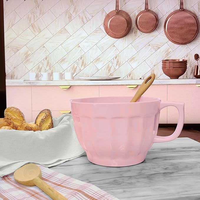 UPware Latte Style Melamine Batter Bowl with Pour Spout, Handle and Non-Slip Base, Grip Handle for Easy Mix and Pour, Home Essentials Cooking and Baking Tools, 4.3 quart, 11.5 x 8.75 Inch, Pink
