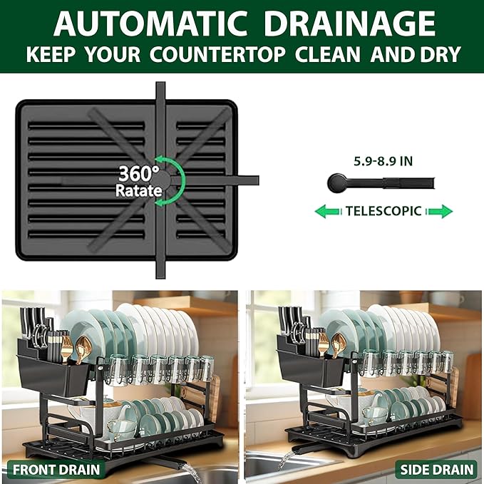 2-Tier Dish Drying Rack with 360° Rotating Drainage Spout, Heavy-Duty Rustproof Dish Rack with Utensil Holder & Storage Basket, Compact Space-Saving Design for Kitchen Counter Organization