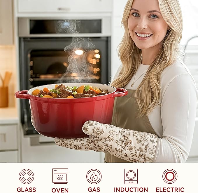 6.5 Quart Dutch Oven Pot with Lid, Non Stick Enameled Cast Iron Dutch Oven for Bread Baking, Heavy-Duty, Oven Safe Ceramic Cookware Up to 500°F for Baking, Braising, Stews, Roasting, Red