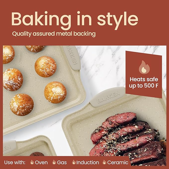 Deluxe 8-Piece Carbon Steel Bakeware Set - Nonstick White Marble Coating, Silicone Handles - Professional Quality Kitchen Oven Baking Pans