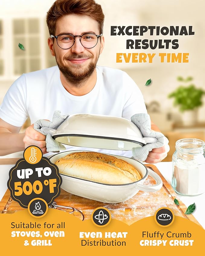 Loaf Pan for Bread Baking - incl. Sourdough Bread-Baking Supplies like Banneton Bread-Proofing Basket - 2QT Enameled Oval Cast Iron Dutch Oven, Bread-Oven, Sour Dough Bread-Banking-Pan Tools