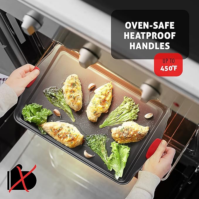 Baking Sheet Set, 3-Piece Cookie Sheet Set with Silicone Handles, Steel Baking Pan, Durable Baking Sheets for Oven, BPA Free Cookie Sheets for Baking Nonstick Set, Premium Sheet Pan, Black Baking Tray