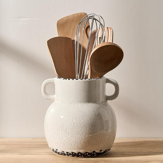 JIEMEI HOME Kitchen Utensil Holder with Handle, 6.85" Ceramic Farmhouse Stable Utensil Crock for Countertop, Utensil Organizer with Cork Bottom, Spatula Holder For Kitchen Decor, White