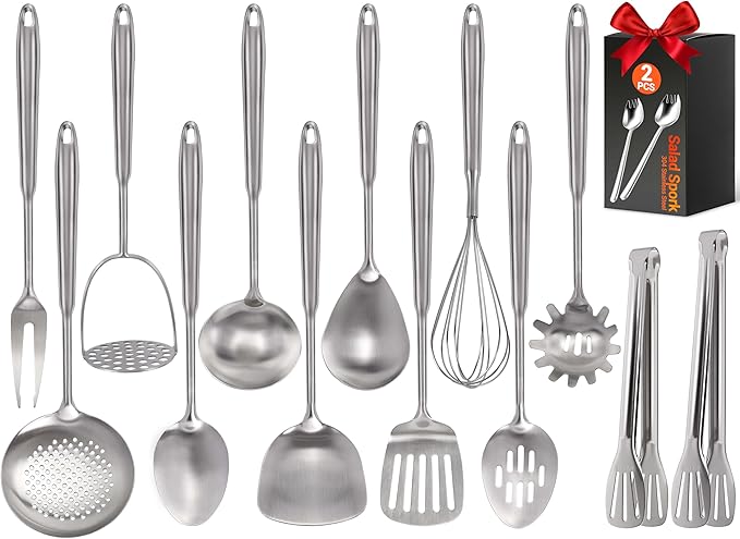 304 Stainless Steel Kitchen Utensils Set - 15PCS Long Metal Cooking Utensil Serving Utensils Set, Masher, Whisk, Turner, Serving Spoon, Fork, Tongs, Skimmer, Ladle, etc (Dishwasher Safe)