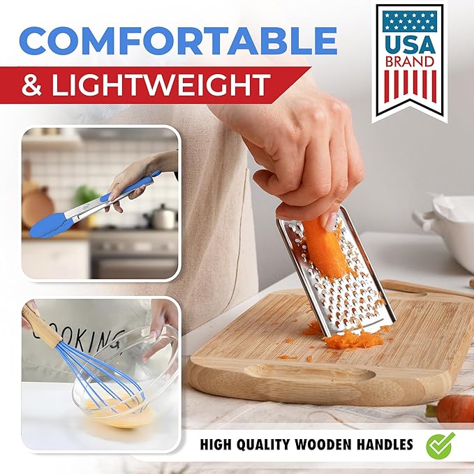 Kaluns 50 PCS Silicone Kitchen Utensils Set Complete Kitchen Set - 800°F Heat Resistant Non-Stick Premium Cooking Utensils W Wooden Handles - Can Opener, Masher, Turner, Silicone Spatula Set
