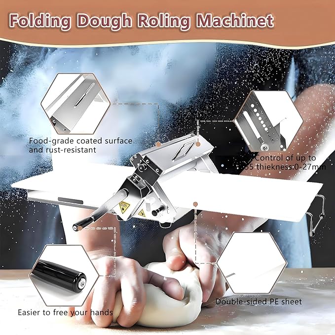 Commercial Dough Sheeter Machine, Reversible Puff Pastry Sheeter and Fondant Roller, Manual Dough Roller, Adjustable Thickness 0-25mm, Folding Dough Sheeter for Bakeries, Pastries,60×30cm