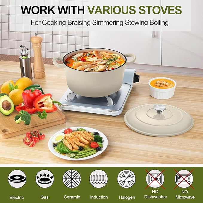 P&P CHEF 5QT Enameled Dutch Oven, Cast Iron Dutch Oven Pot with Lid for Bread Baking, Enameled Casserole Pot for Roasting Braising Stewing Frying Simmering, Various Stoves & Easy Clean, Khaki