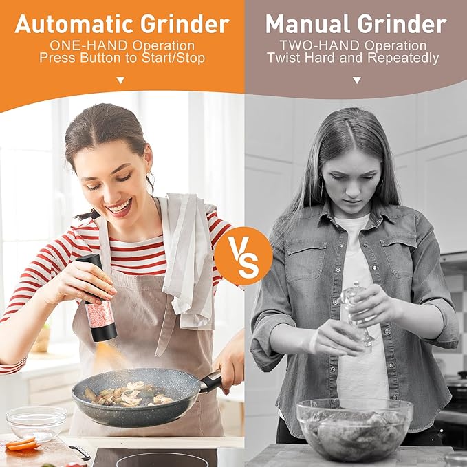 Electric Salt and Pepper Grinder Set, Rechargeable Automatic Pepper Mill Grinder with LED Light Gifts for Women, Adjustable Coarseness shakers, One-Hand Operation for Kitchen Essentials