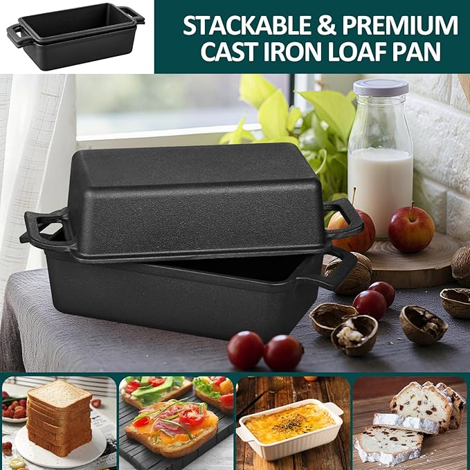 Leonyo 2 Piece Cast Iron Bread Pan, 9 x 5 inch Cast Iron Loaf Pan with Lid, 2-in-1 Pre-seasoned Loaf Dutch Oven for Baking Homemade Sourdough Bread, Pound Cake, Up to 500℉ & Oven Safe - Black