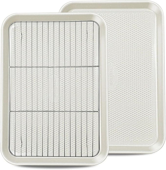 2-Pack 12x17 Half Sheet Pan Baking Sheet Set with Wire Rack - Nonstick 0.8mm Thick Carbon Steel, Cookie Sheets for Baking, Dishwasher Safe, Warp Resistant, Oven Safe 450°F, Salted Gray