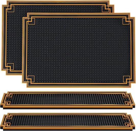 4 Pcs Bar Mat 24 x 4 Inch and 18 x 12 Inch Non Slip Rubber Mat with Gold Border Durable Stylish Spill Cocktail Service Coffee Mats for Restaurants Barbershop Clippers Bartending, Black