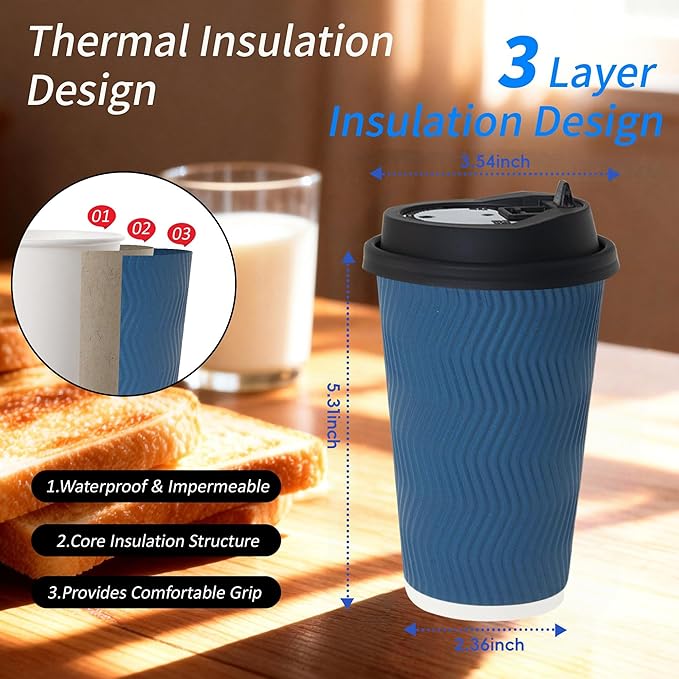 16 oz 100 Pack Corrugated Ripple Wall Disposable Coffee Cups with Lids and Straws, Heavy Duty Insulated Cups for Hot Beverage or Cold Drinks, Bulk for Restaurants, Offices, Coffee Shops(Blue)