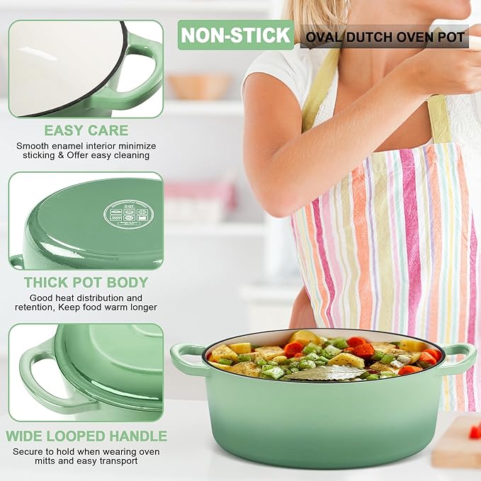 E-far 7QT Oval Dutch Oven Pot with Lid, Enameled Cast Iron Dutch Oven with Dual Handles, Heavy-Duty Cookware for Sourdough Bread Baking, Braising, Stews, Oven Safe & Easy Clean, Green