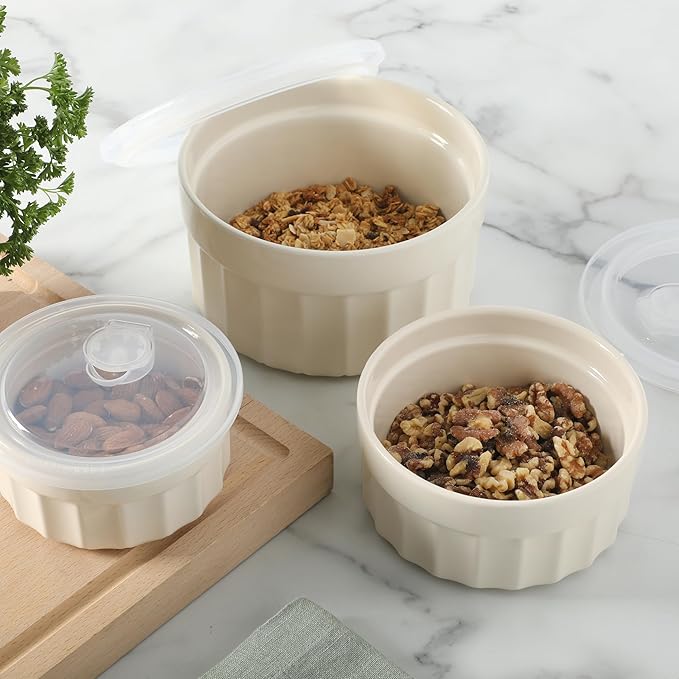 Martha Stewart Broadbrook 6 Piece Stoneware Meal Prep Container Set with Lids, Round Food Storage & Bakeware, Cream, Oven, Microwave & Dishwasher Safe