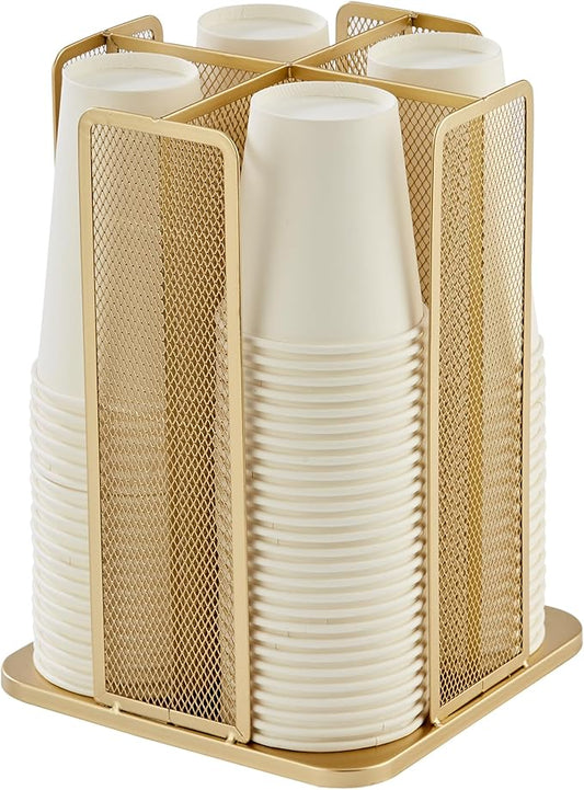 Annova Paper/Plastic Cup and Lid Holder Plastic Storage Organizer, 360°Rotating Coffee Mup Dispenser with 4 Compartments, Multifunctional Storage Rack for Home, Office, Bar, Coffee Shop (Gold)
