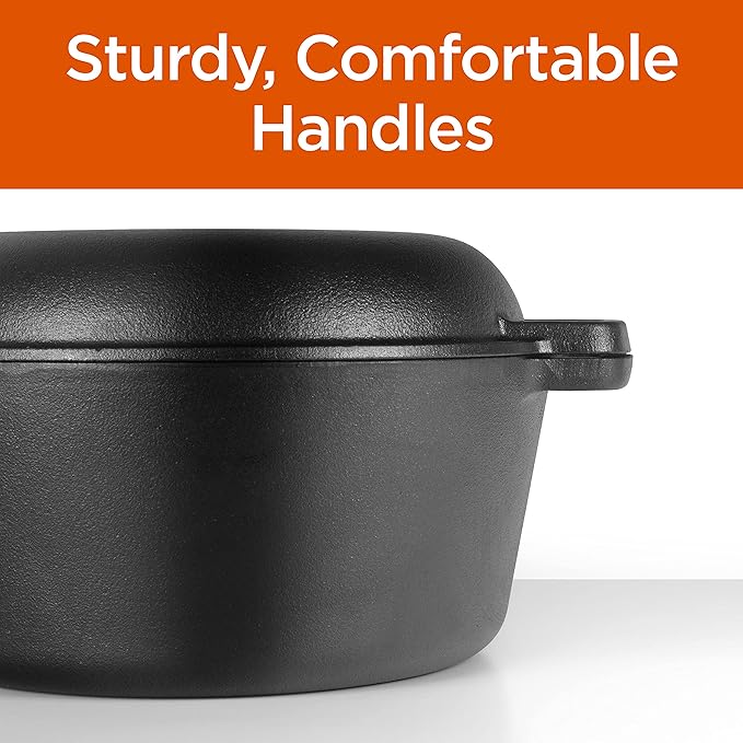 Commercial Chef 2-in-1 5-Qt. Dutch Oven with 10.25-Inch Skillet Lid, Pre-Seasoned Cast Iron, Works on All Cooktops Including Induction, Outdoor Cookware for Campfires or Grills, CHFL508