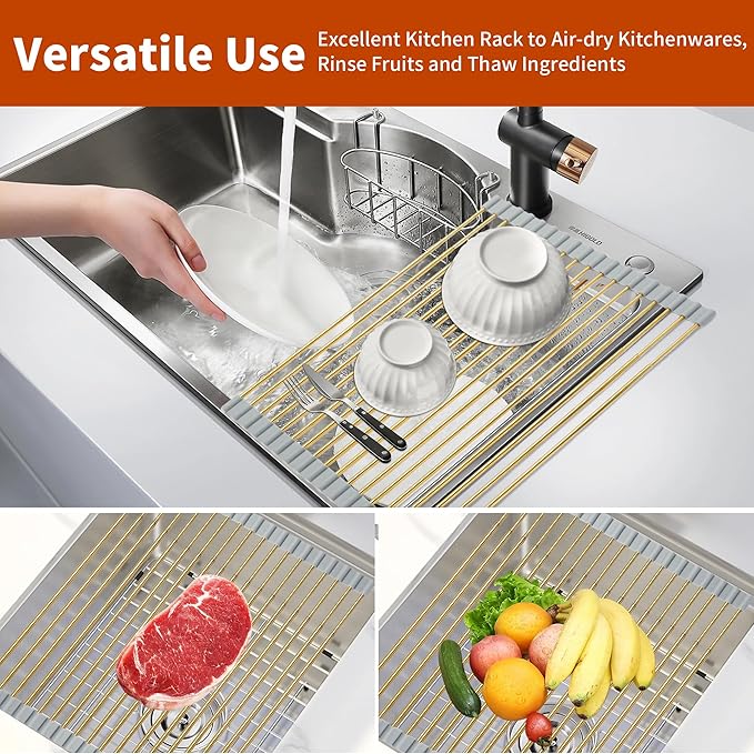 Golden Expandable Roll-UP Dish Drying Rack-Extra Large 304 Stainless Steel Dish Drainer Over The Sink for Kitchen Countertop,Extendable for Most Kitchen Sinks (Gold,22.08'x 13.2')