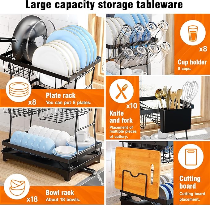 Rustproof Stainless Steel Dish Drying Rack,2 Tier Large Dish Rack for Kitchen Counter,Dish Rack with Drainboard,Dish Drainer with Utensil Holder & Cup Holder,Black