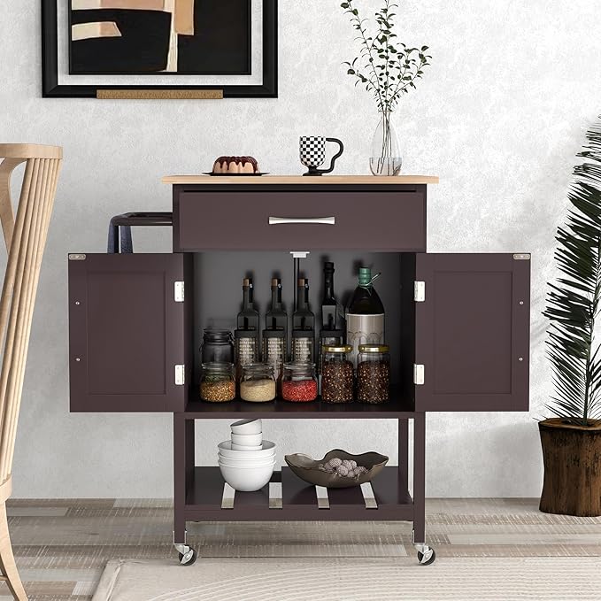Giantex Rolling Kitchen Island Cart, Mobile Serving Cart with Drawer, 2-Door Storage Cabinet, Storage Shelf, Towel Rack, Food Prep Utility Cart on Wheels for Dining Room, Living Room (Brown)