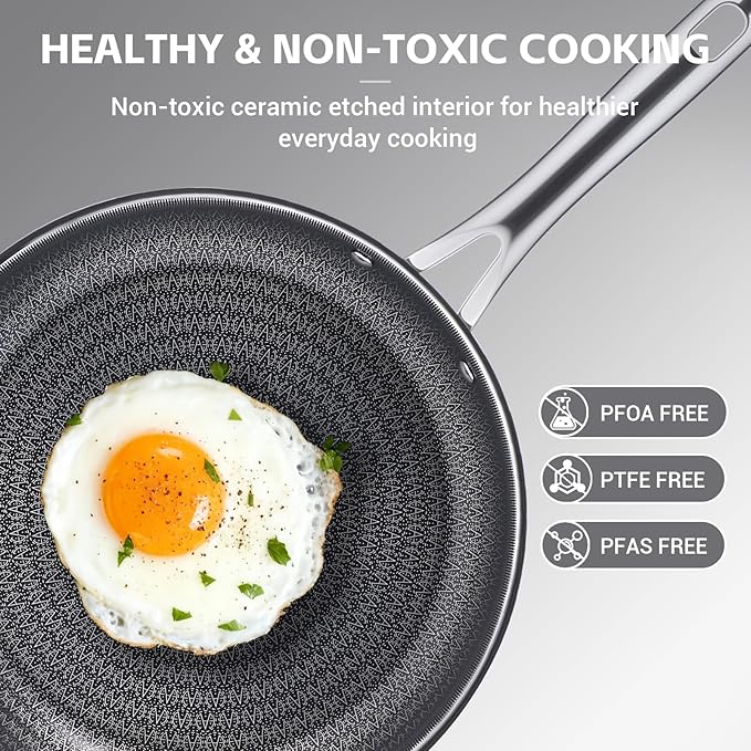 Ammeloo Tri-Ply Stainless Steel Frying Pan Set of 3, 8", 9.5", 11", Non Stick Frying Pans and Skillets, Non Toxic Hybrid Pan, Induction Compatible Cooking Pans, Chef Pan, Black Interior
