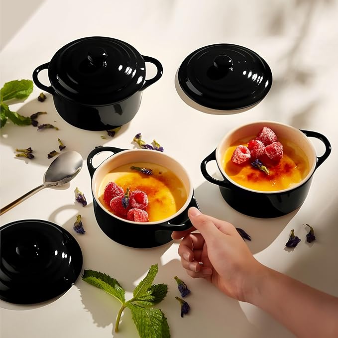Kook Ceramic Mini Cocotte Set, Small Casserole Dishes with Lids and Handles, Individual Baking Ramekins, Oven safe 500F, Microwave & Dishwasher Safe, Stoneware, 12 oz, Set of 4, (Black)