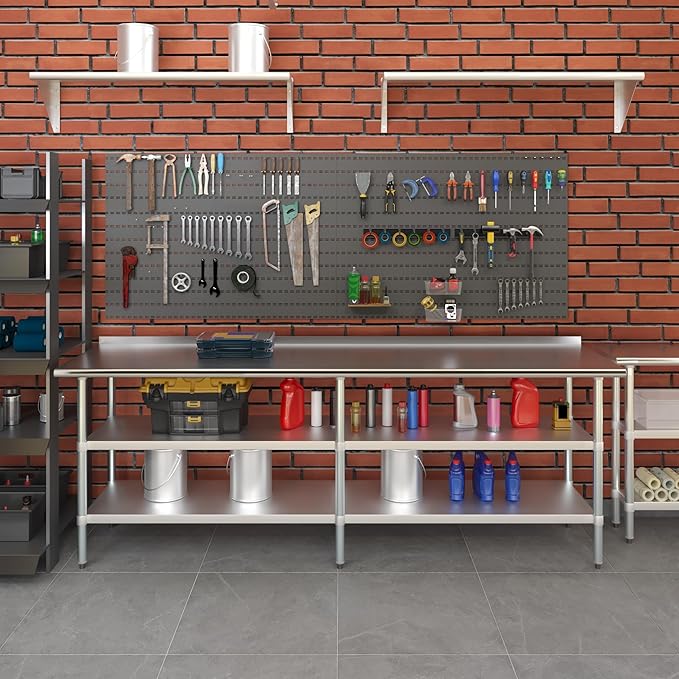 AmGood Stainless Steel Work Table with 1.5" Backsplash and 2 Shelves | Metal Kitchen Food Prep Table | NSF (96" Long x 24" Deep)