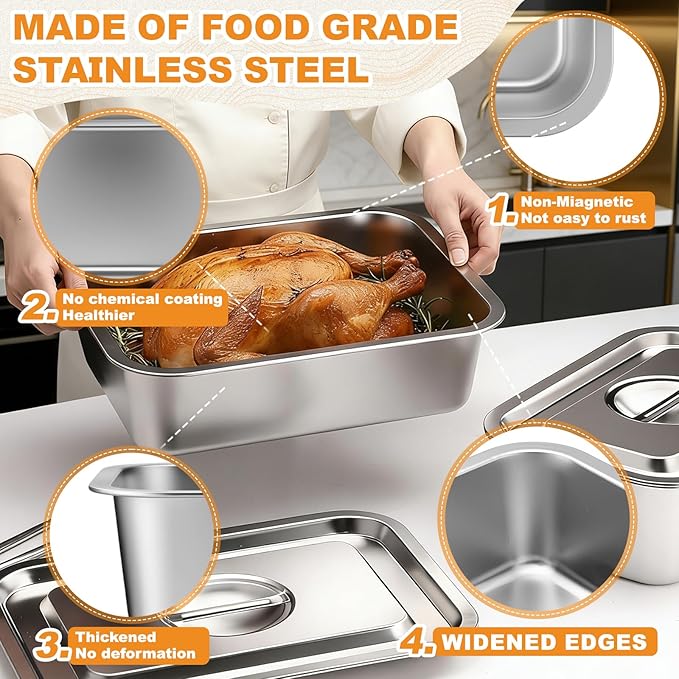 2 Pack 4 Inch Extra Deep Lasagna Baking Pan with Lid, 11.8"x15.7" 9.2qt&11"x14.2" 7.4qt Rectangular Large Stainless Steel Nonstick Lasagna Roasting Pans Set Deep Baking Dishes for Oven