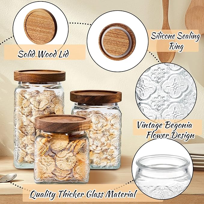 Gerrii 5 Pcs Begonia Pattern Square Vintage Glass Food Storage Containers 17/24/34 oz Glass Jar with Lid Airtight Candy Jar Food Canisters for Kitchen Counter Pantry Coffee Tea Beans
