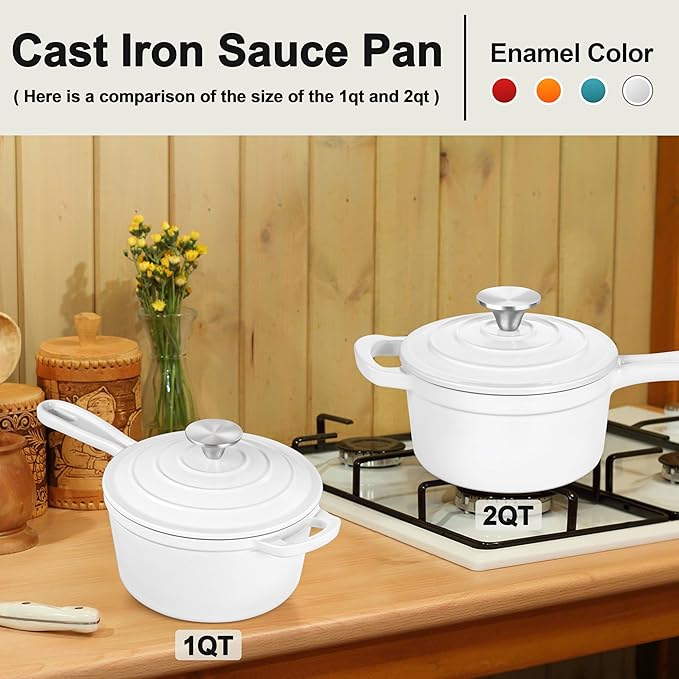 Enameled Cast Iron Sauce Pan with Lid, Leonyo 1 Quart Saucepan with Lid, Heavy Duty Cast Iron Pot Kitchen Cookware for All Cooktops Cooking Pasta Sauce, Soup, Milk - Up to 500°F & 4.4Lbs, White