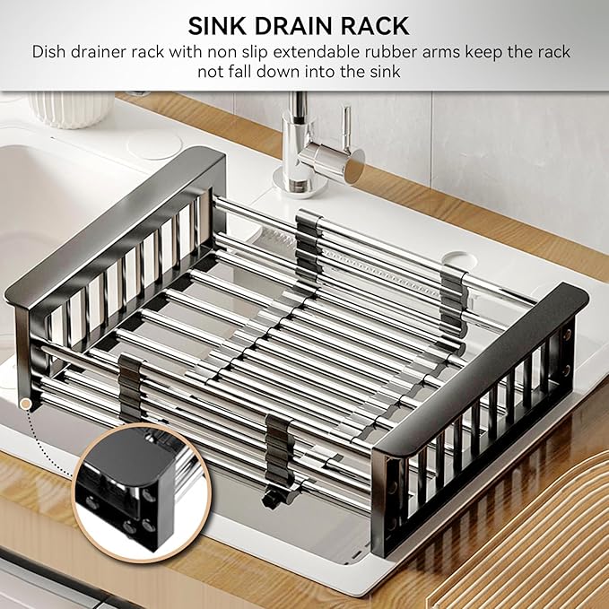 Cyrank Over The Sink Dish Drying Rack, Over The Sink Dish Drying Rack Expandable Over Sink Grill Telescopic Drain Basket Kitchen Rack Drain Basket Sink Drying Rack(S#Black)
