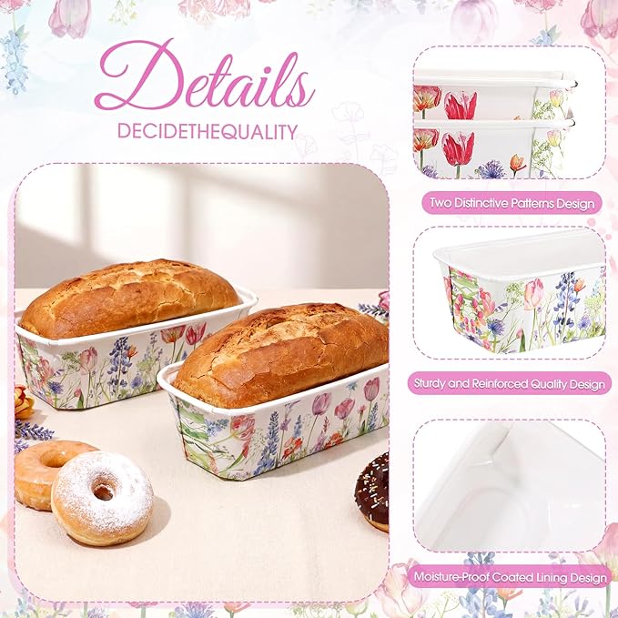 Honeydak 100 Sets Mini Loaf Pans Disposable Spring Paper Baking Pans Bulk 6.3 x 2.2 x 2.2 in Floral Serving Tray Wildflower Watercolor Pattern Party Supplies (Spring)