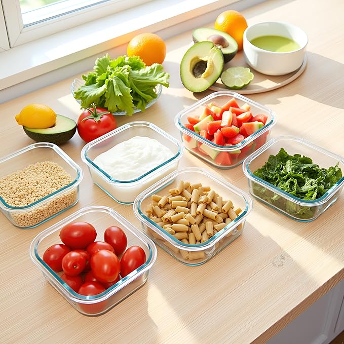 16PC Square Glass Storage Containers With Lids, 2 Cup Square Glass Food Containers With Lids, BPA free Small Meal Prep Bowls for leftovers, Dishwasher, Freezer Safe (8 lids & 8 Containers)