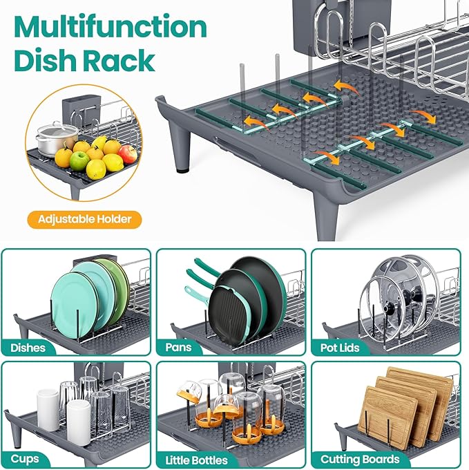 TOOLF Dish Drying Rack - Large Expandable Dish Rack for Kitchen Counter, Stainless Steel Dish Drainer for Kitchen Organization with Cutlery ＆ Cup Holder,Gray