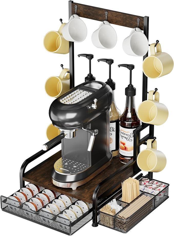 Coffee Station Organizer with Pod Drawer, 40 Pods for Nespresso /28 Pods for K Cup, Coffee Mug Holder with 9 Hooks & 1 Extra Storage Basket, Coffee Bar Organizer for Keurig Machine, Kitchen, Cafe