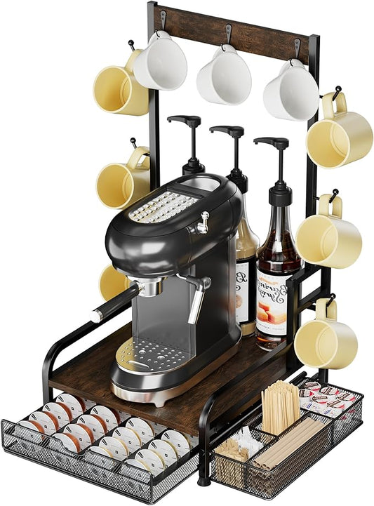 Coffee Station Organizer with Pod Drawer, 40 Pods for Nespresso /28 Pods for K Cup, Coffee Mug Holder with 9 Hooks & 1 Extra Storage Basket, Coffee Bar Organizer for Keurig Machine, Kitchen, Cafe