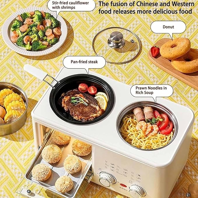 White,8L Stainless Steel Air Fryer Oven Combo with Steamer and Baking Tray, Suitable for Bread, Pizza, and Tarts