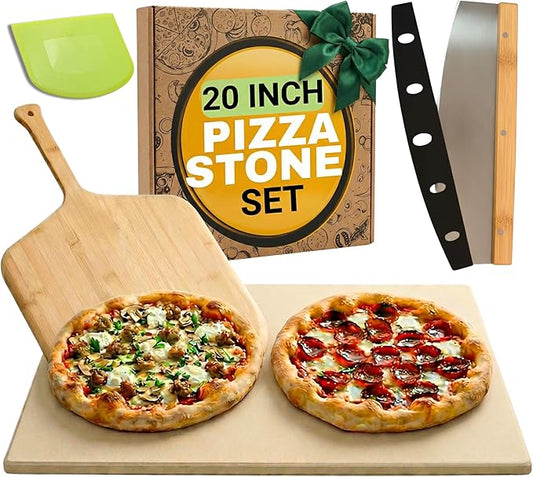 Large Pizza Stone for Oven 20 inch - Pizza Making Kit - Rectangular Pizza Stone for Grill and Wooden Pizza Peel, Dough Tool & Pizza Cutter Set - Baking Stone 20" x 13.5"