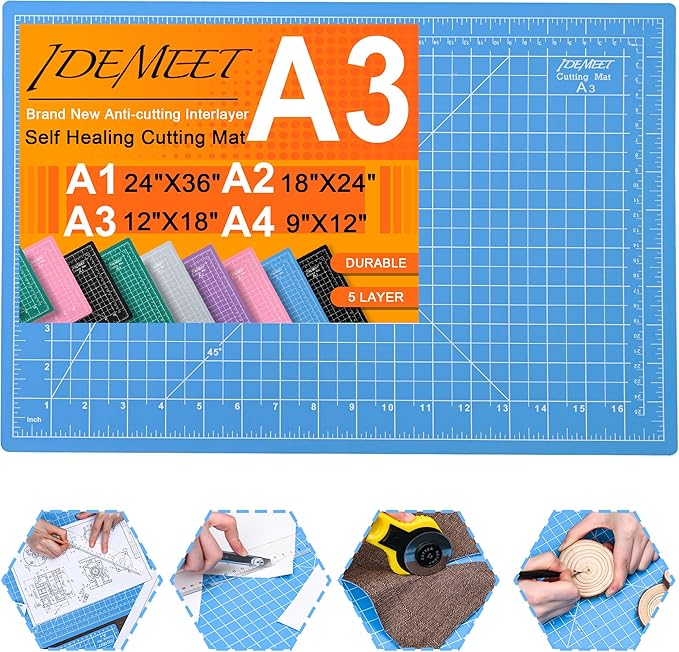 Density-upgraded 18"x12" Self Healing Cutting Mat, Idemeet Rotary Sewing Mat for Crafts, 5-Ply Blade Table Protector Cut Board for Fabric Leather Cutting Quilting Modeling Hobby Project, A3, Blue